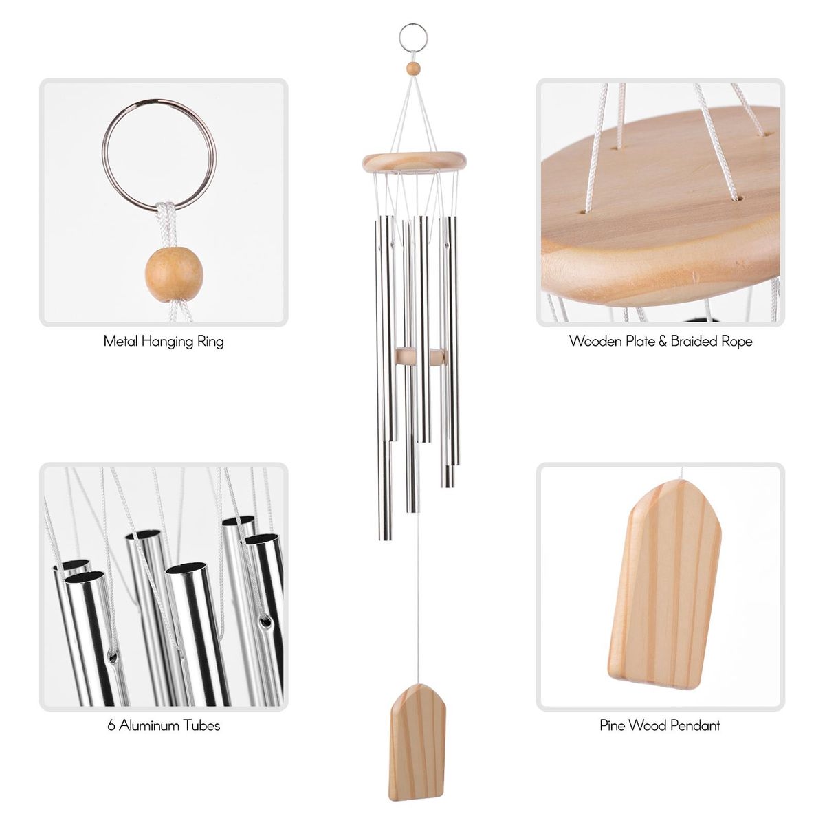 Wooden Wind Chimes 6 Aluminum Tubes Pine Wood for Bedroom Balcony Door Garden Yard Decoration