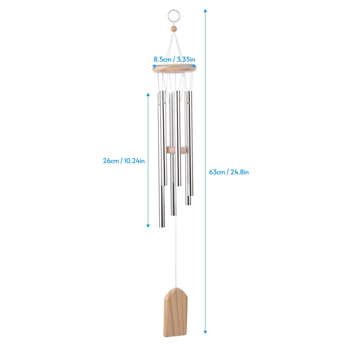 Wooden Wind Chimes 6 Aluminum Tubes Pine Wood for Bedroom Balcony Door Garden Yard Decoration