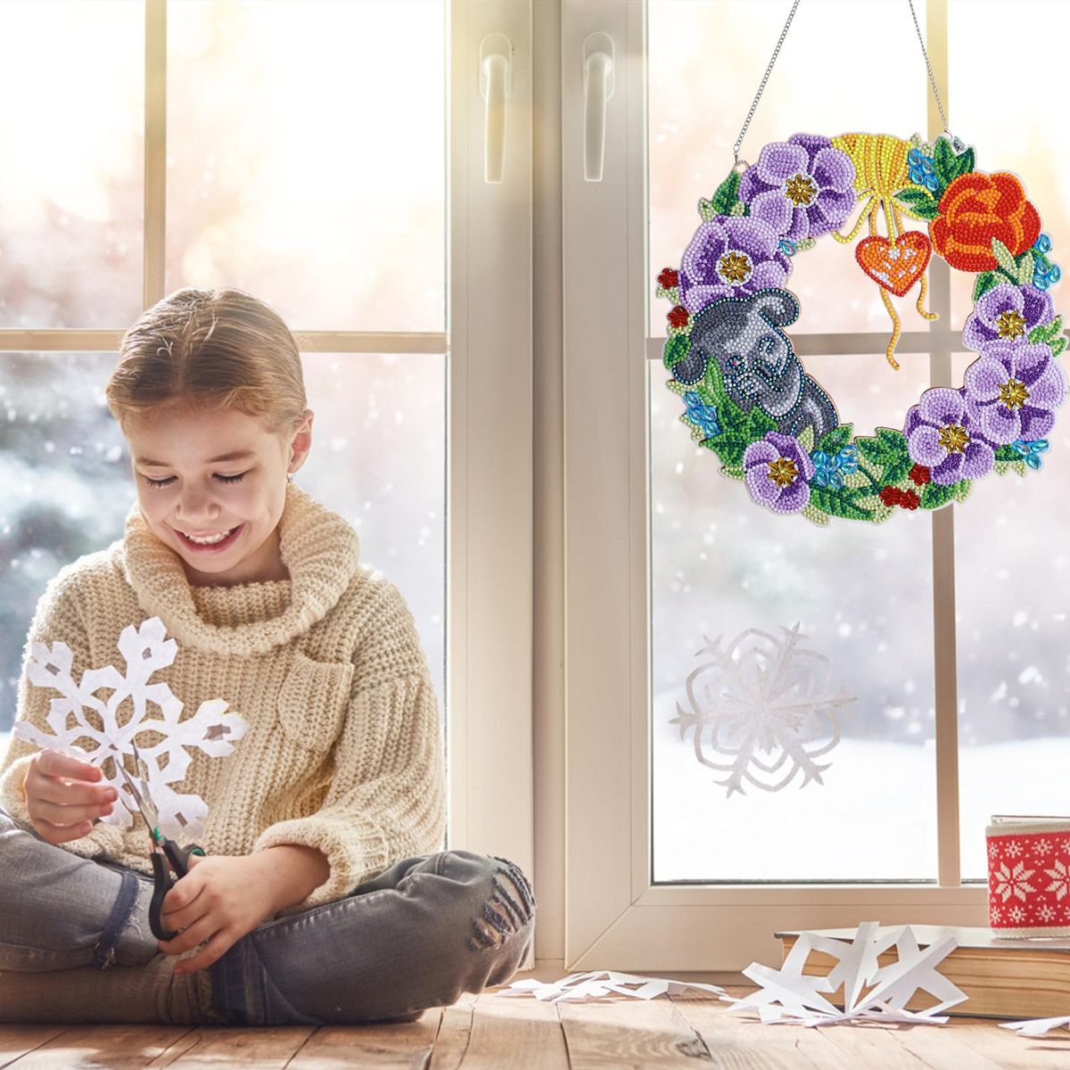 5D Diamond Paint Christmas Wreath DIY Round Garland Decoration Ornaments Set for Window Wall Door Decor Adults Children