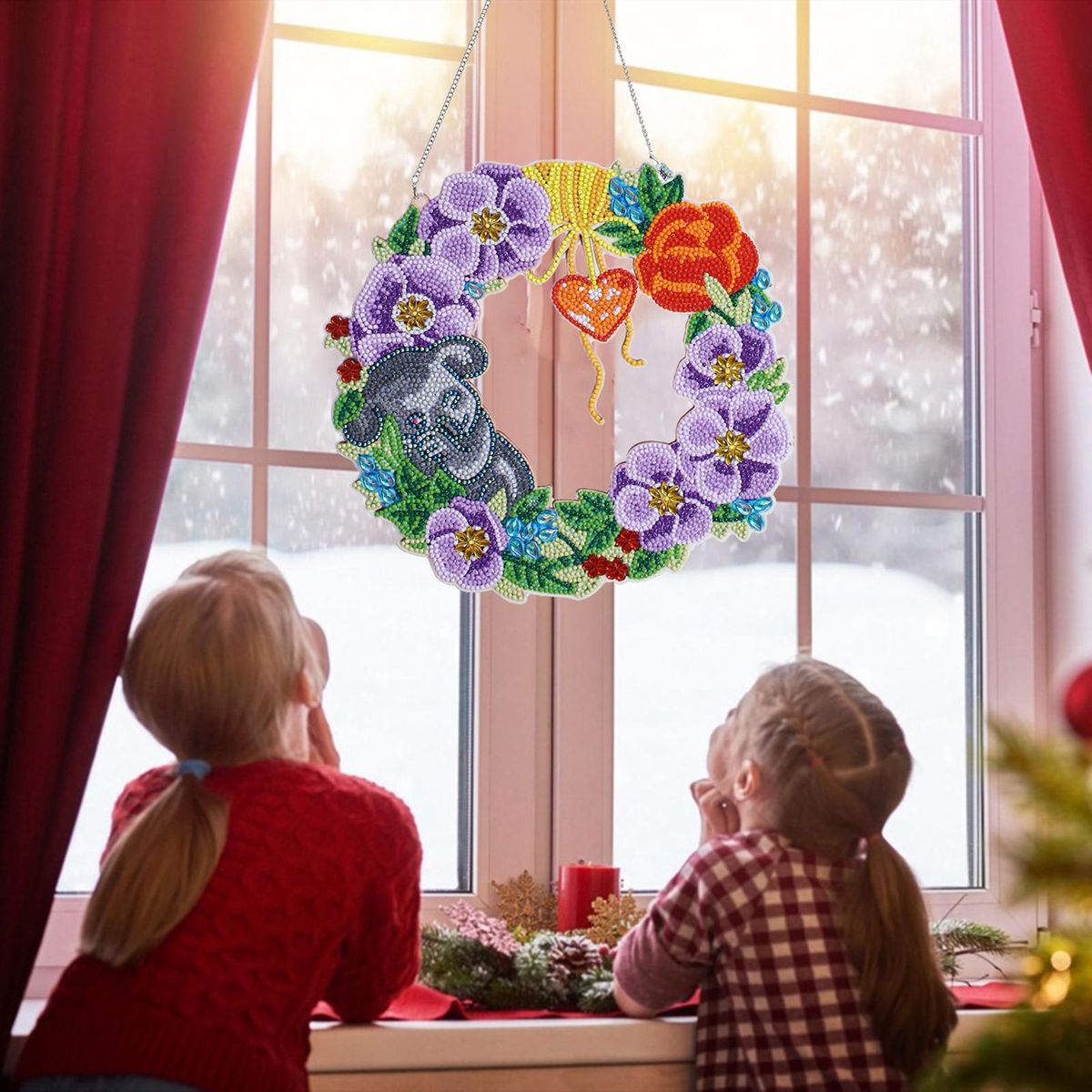 5D Diamond Paint Christmas Wreath DIY Round Garland Decoration Ornaments Set for Window Wall Door Decor Adults Children