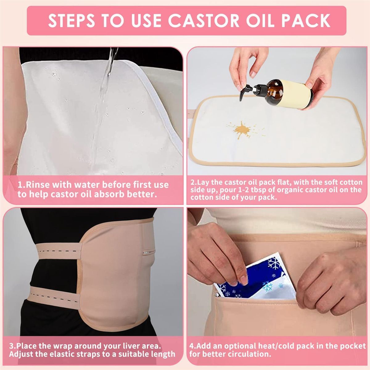 Reusable Organic Castor Oil Pack Kit, Adjustable Elastic Strap(Khaki)