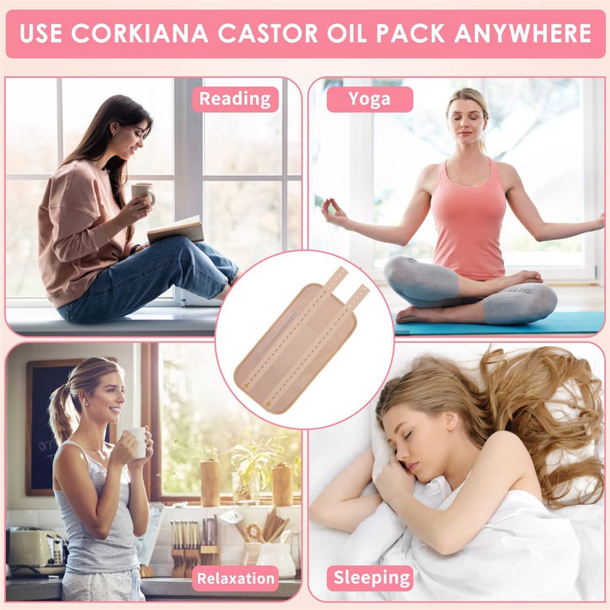 Reusable Organic Castor Oil Pack Kit, Adjustable Elastic Strap(Khaki)