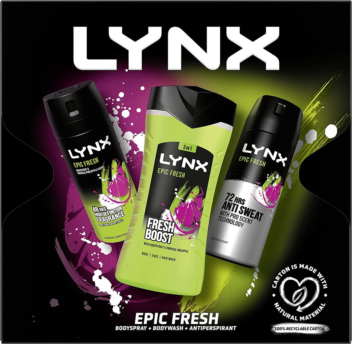 LYNX Epic Fresh Trio Bodywash, Body Spray & Anti-perspirant, 3 Piece Gift Set Him