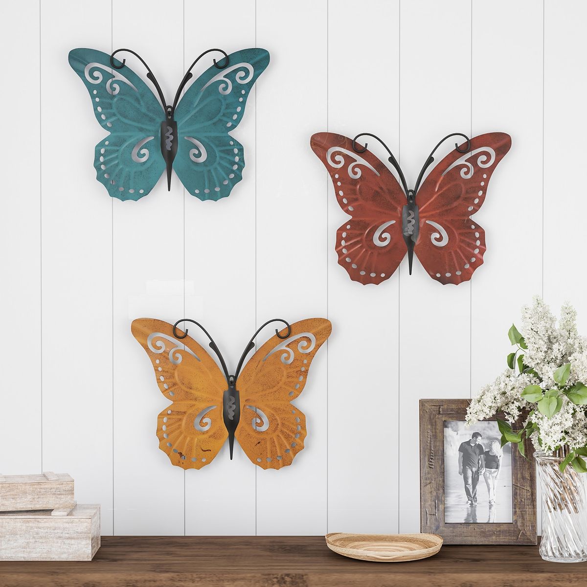 3Pcs Butterfly Statue Metal Polished Butterfly Sculpture Multicolor