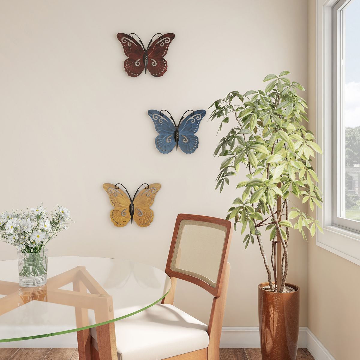 3Pcs Butterfly Statue Metal Polished Butterfly Sculpture Multicolor