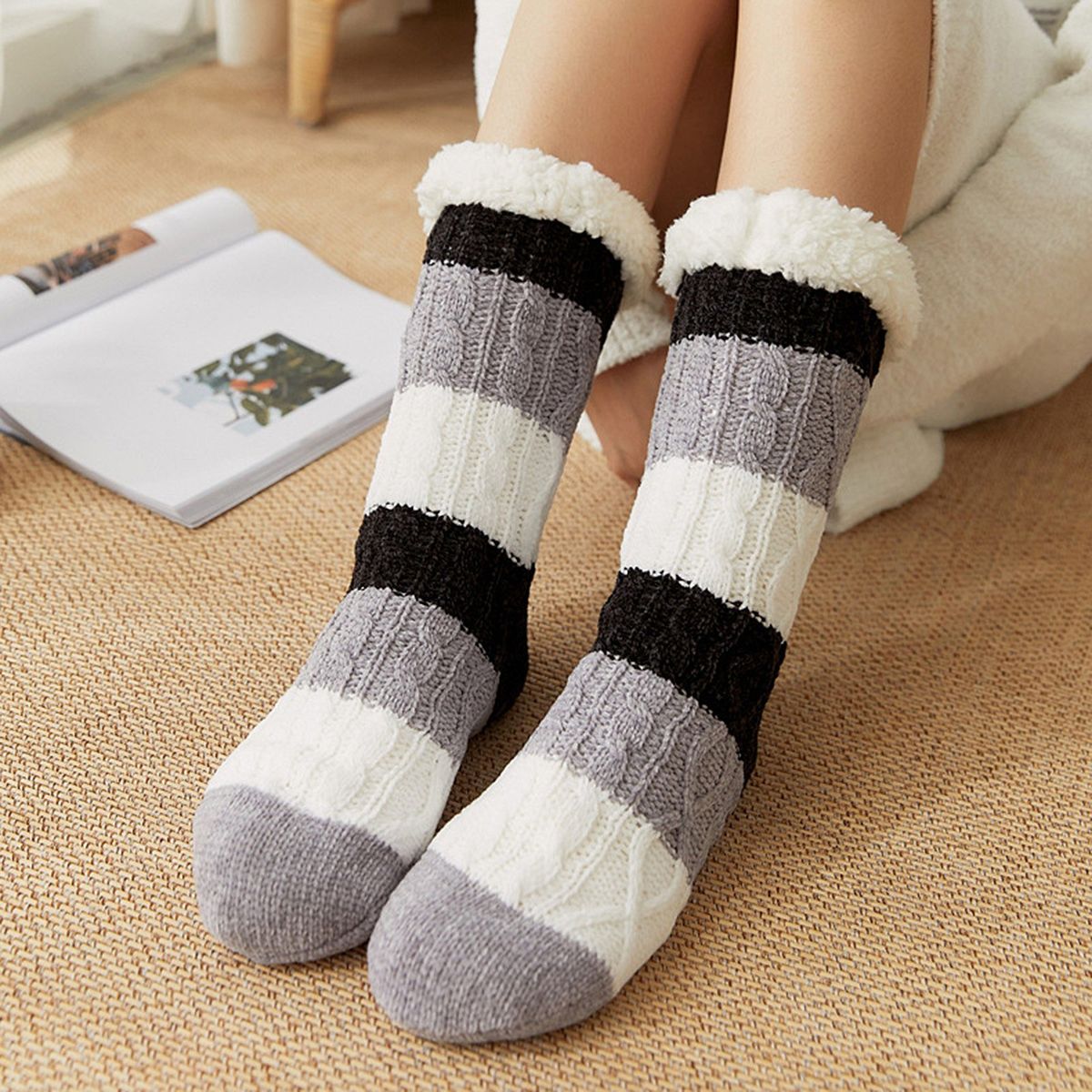 Women Warm Socks Non-slip Stockings Stripes Winter Soft Cute