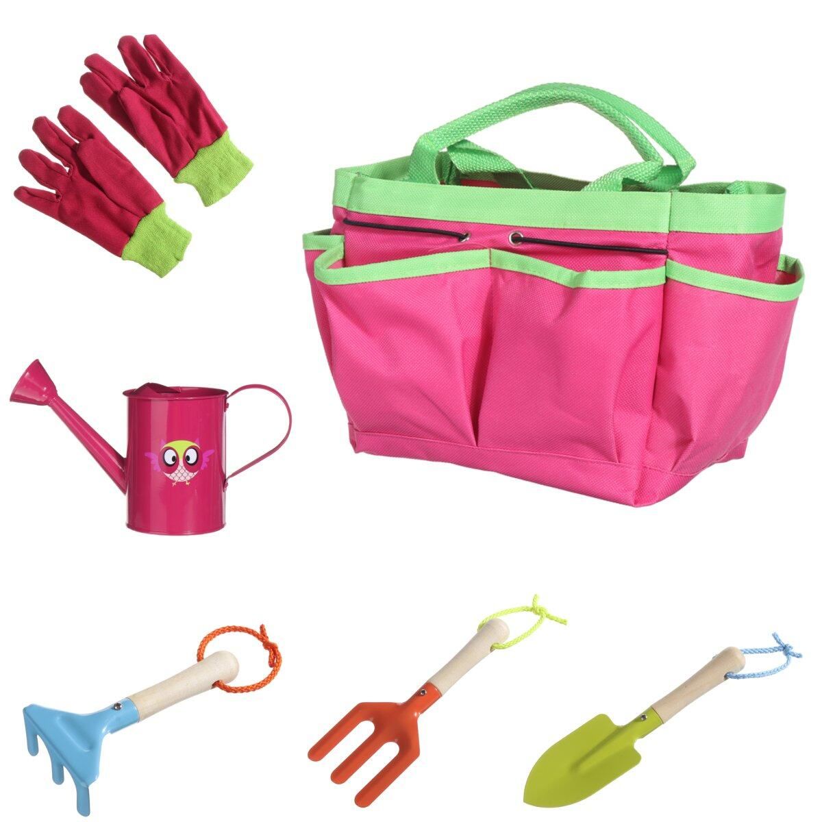 6Pcs Kids Gardening Tools Children Shovel Spade Fork Set Watering Can Tote Bag Garden Yard Red
