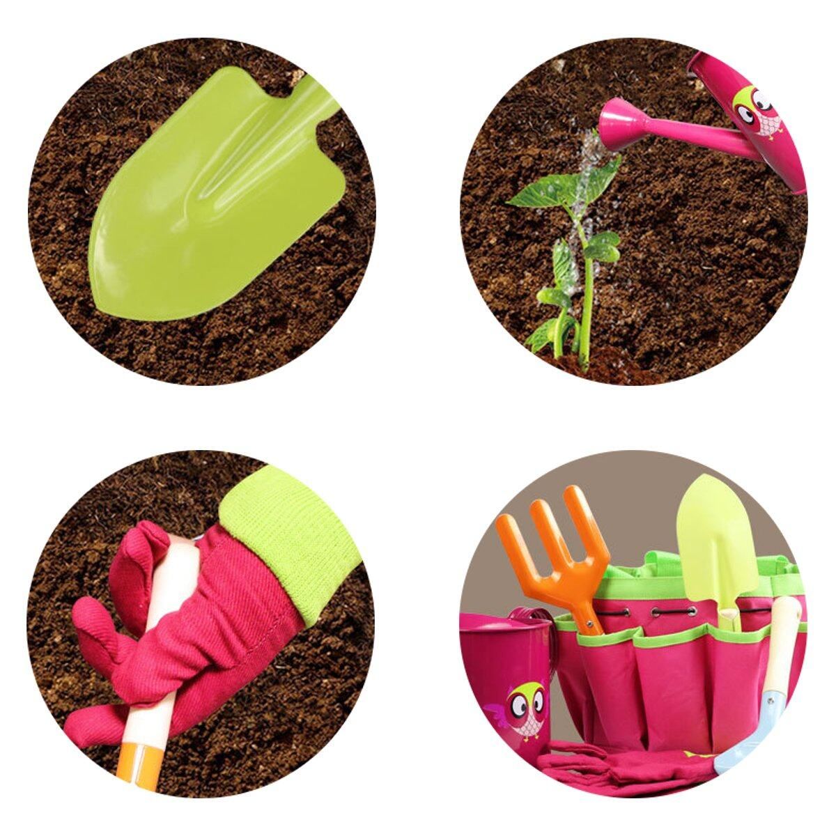 6Pcs Kids Gardening Tools Children Shovel Spade Fork Set Watering Can Tote Bag Garden Yard Red