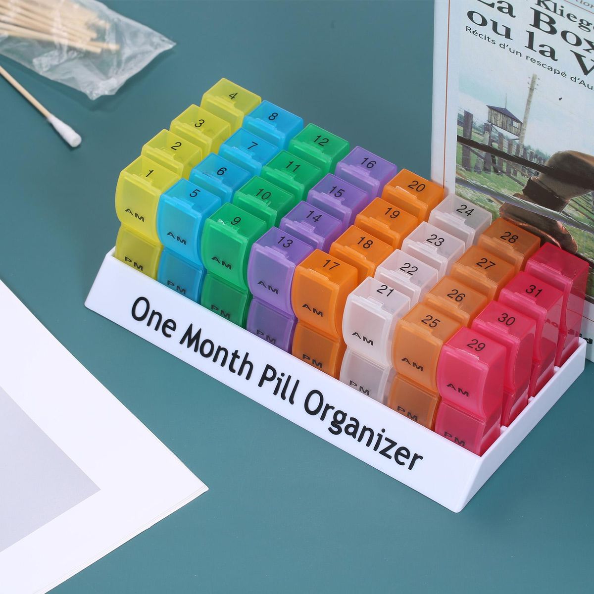 Monthly Pill Organizer Container with Popup Open Design 2 Times a Day AM PM Compartments Large Section Medicine Holder for Travel