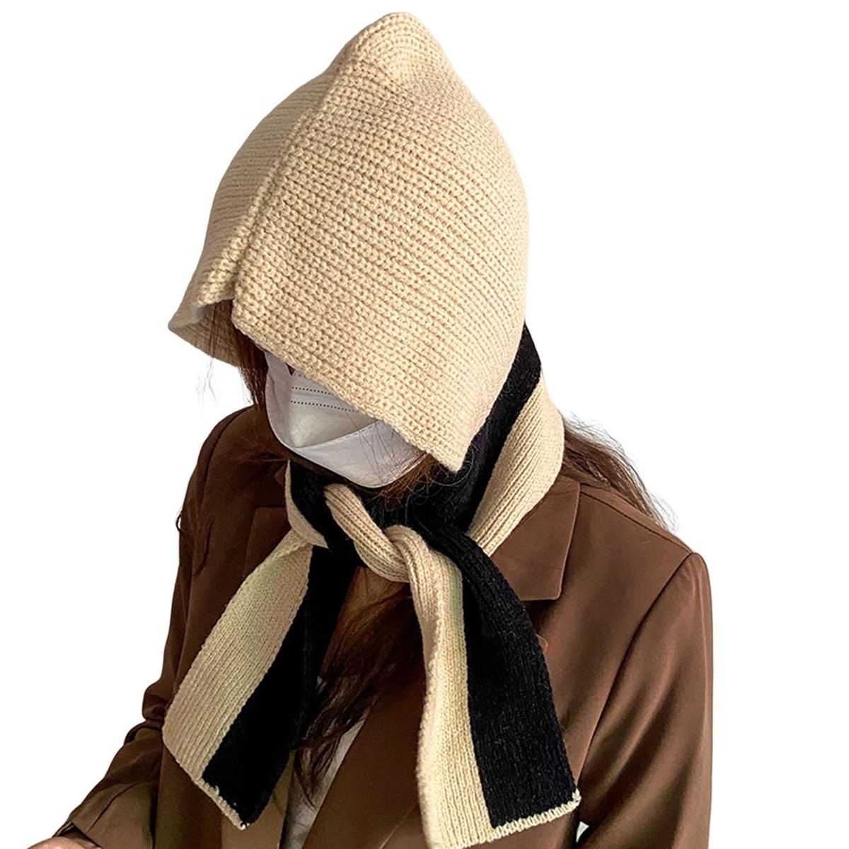 Scarf Hat Autumn Winter Women Knitting Hooded Scarf Beige