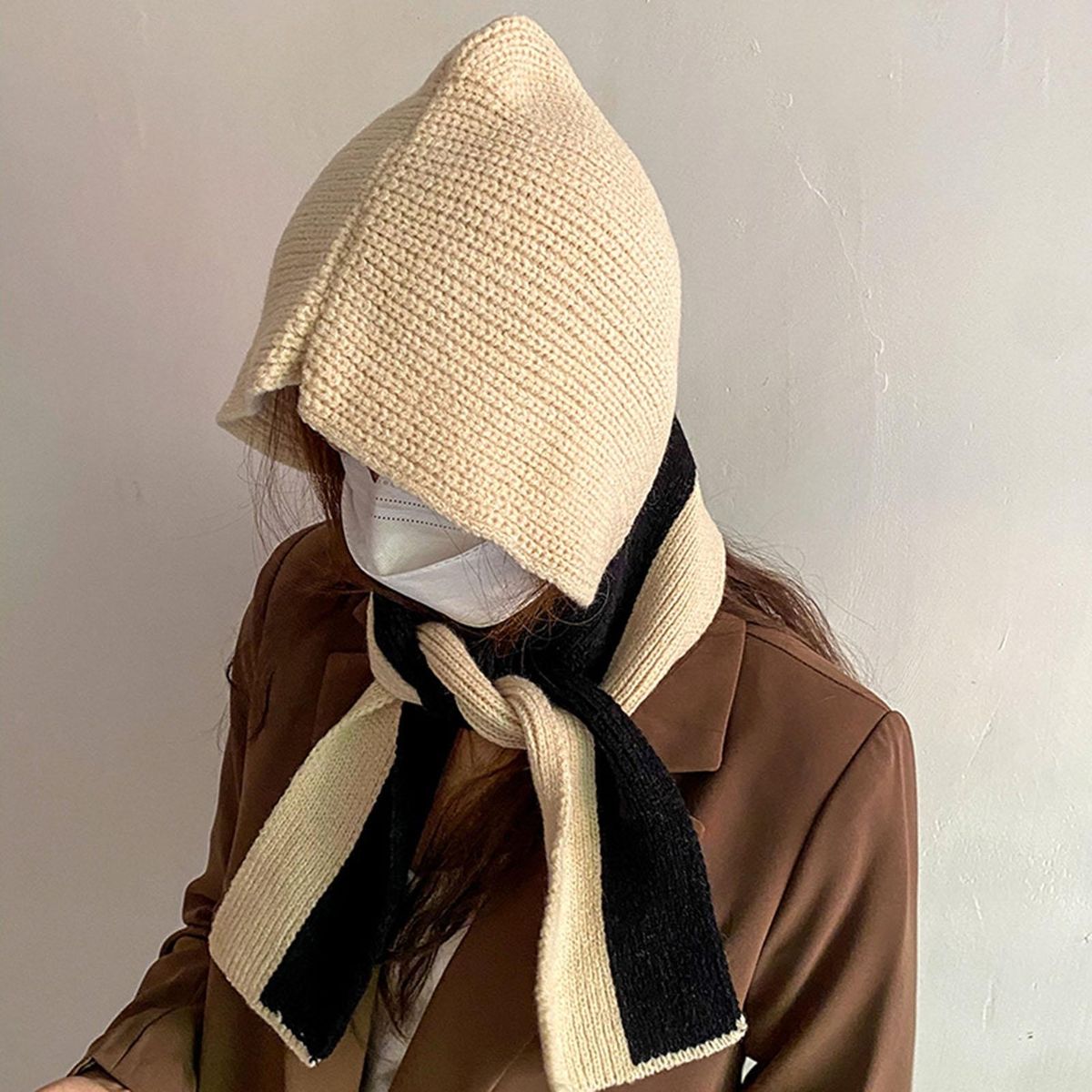 Scarf Hat Autumn Winter Women Knitting Hooded Scarf Beige