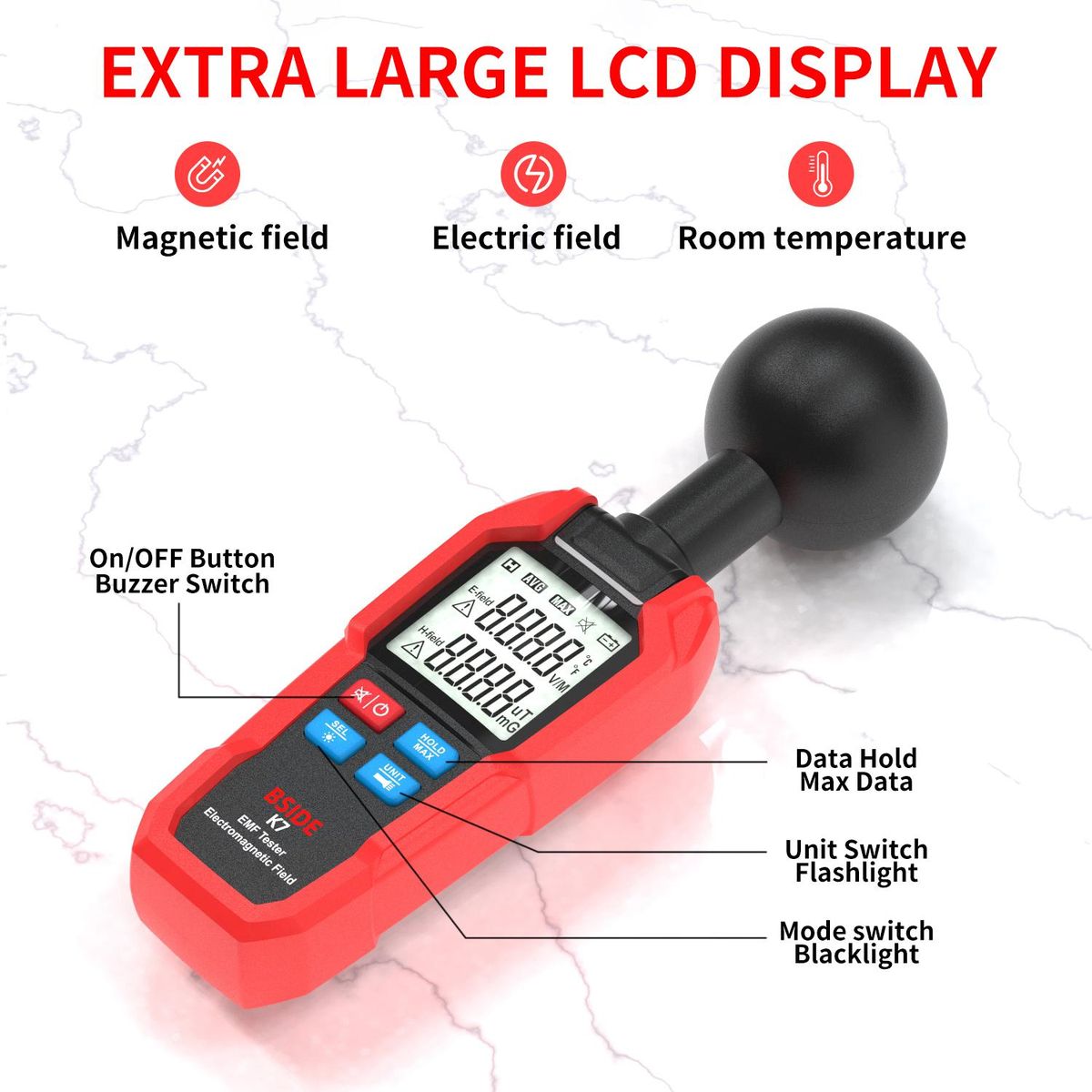 BSIDE Multifunctional Electric Field Magnetic Field Radiation Detector K7 Handheld Electromagnetic Radiation Tester EMF Meter   Portable Radio Frequency Detect Meter