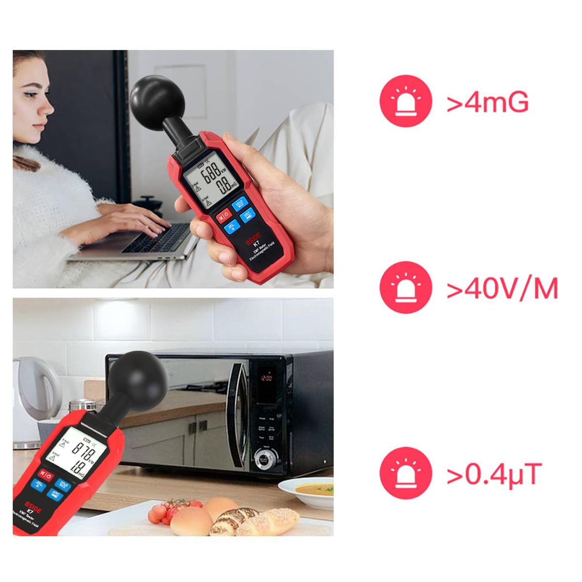 BSIDE Multifunctional Electric Field Magnetic Field Radiation Detector K7 Handheld Electromagnetic Radiation Tester EMF Meter   Portable Radio Frequency Detect Meter