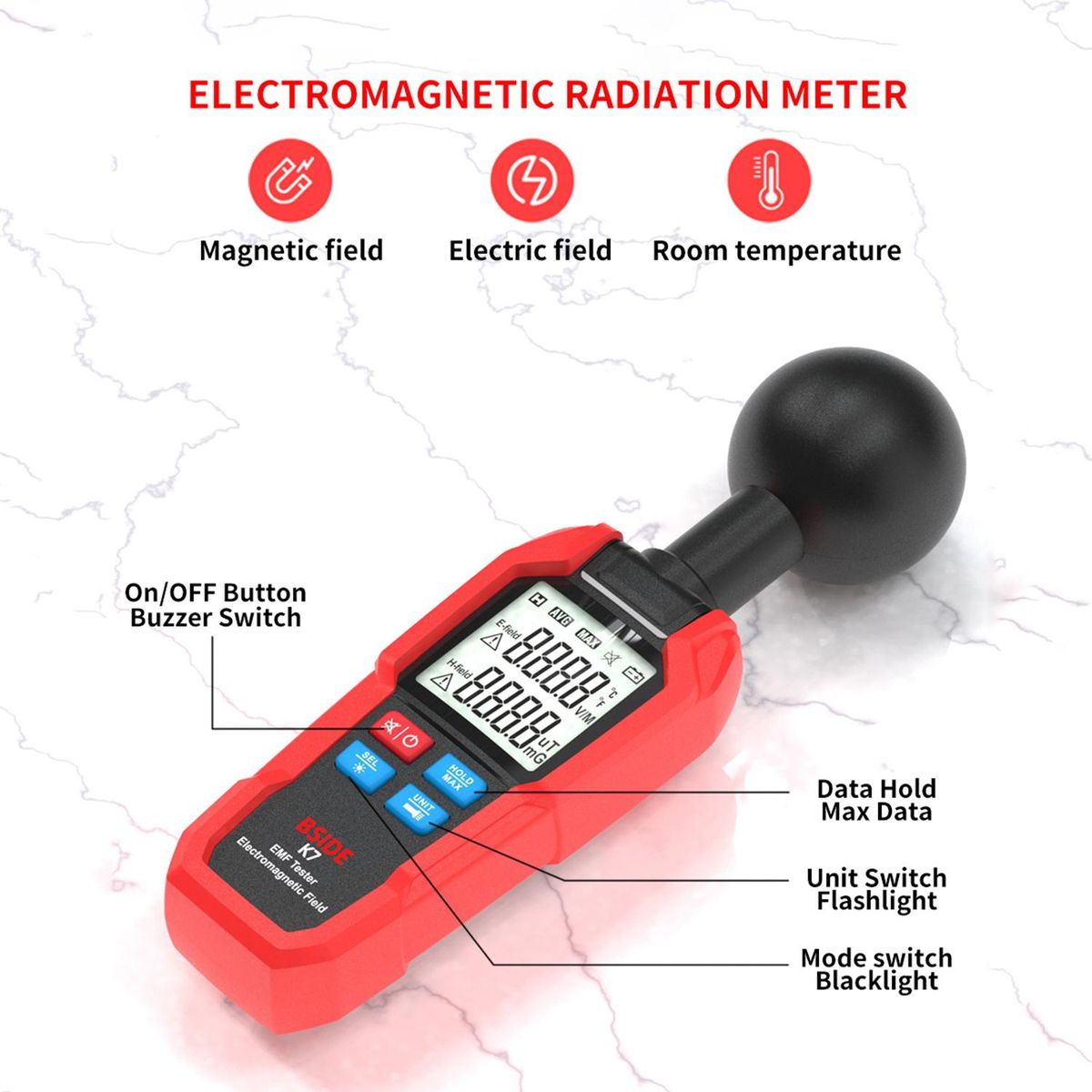 BSIDE Multifunctional Electric Field Magnetic Field Radiation Detector K7 Handheld Electromagnetic Radiation Tester EMF Meter   Portable Radio Frequency Detect Meter