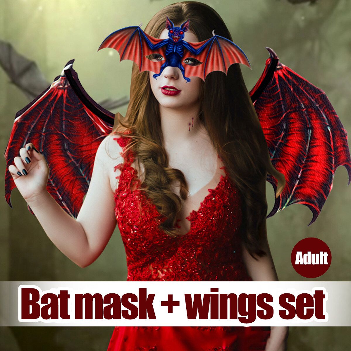 Halloween Vampire Bat Wings + Cover Kit Party Cosplay Costume For Children Adults Adult-Red Set