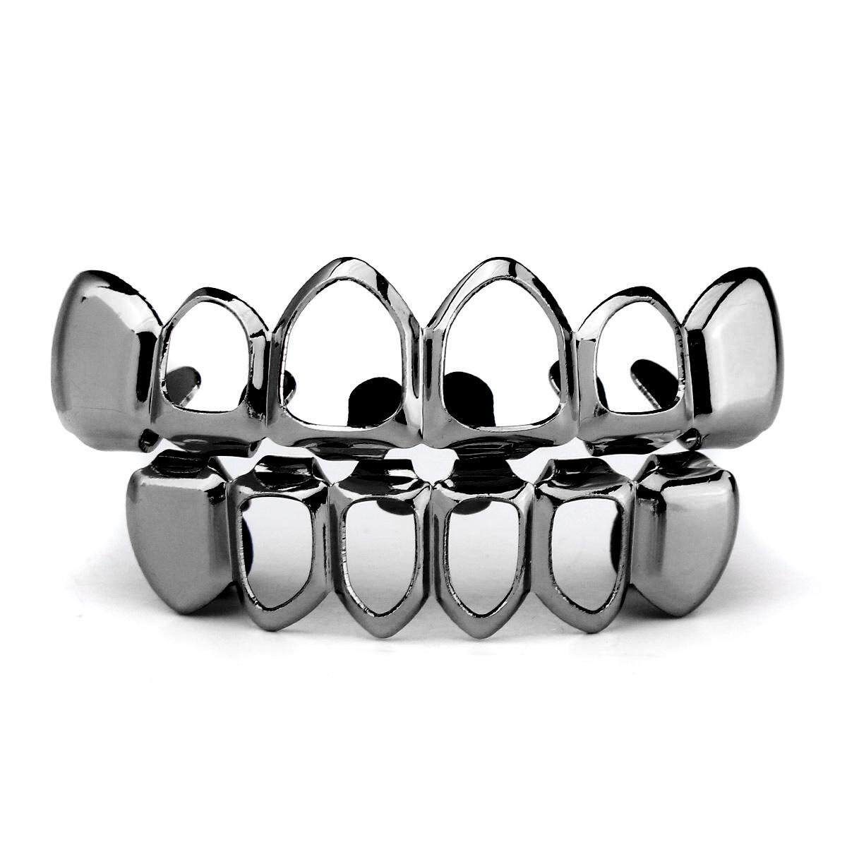 Gold Silver Plated Custom Fit Hip Hop Teeth Grills Top Bottom Grills Teeth Mouth Black (black)