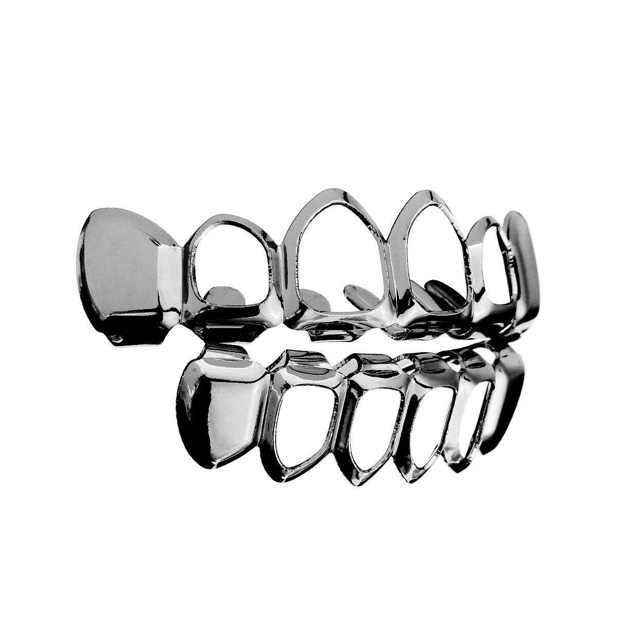 Gold Silver Plated Custom Fit Hip Hop Teeth Grills Top Bottom Grills Teeth Mouth Black (black)