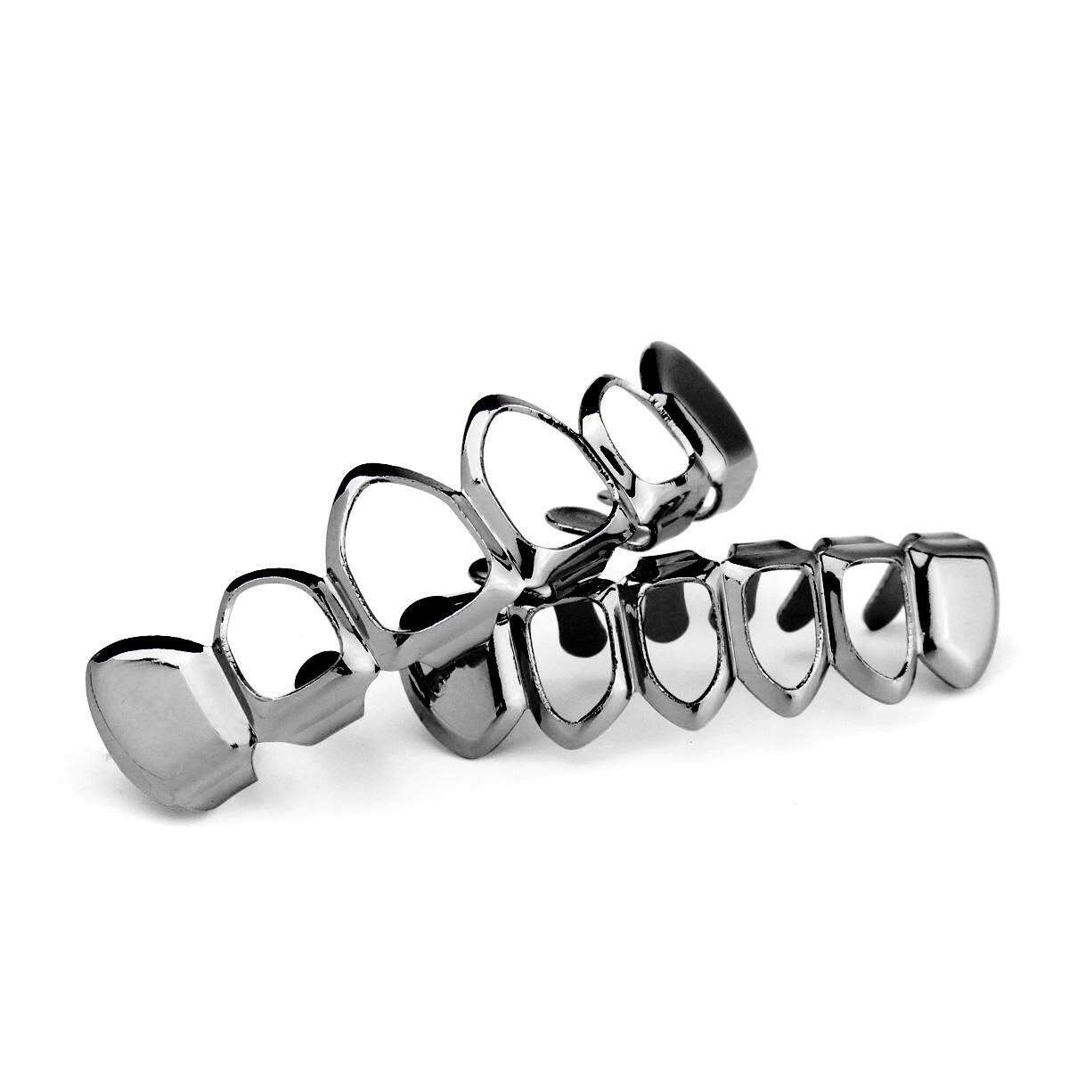 Gold Silver Plated Custom Fit Hip Hop Teeth Grills Top Bottom Grills Teeth Mouth Black (black)