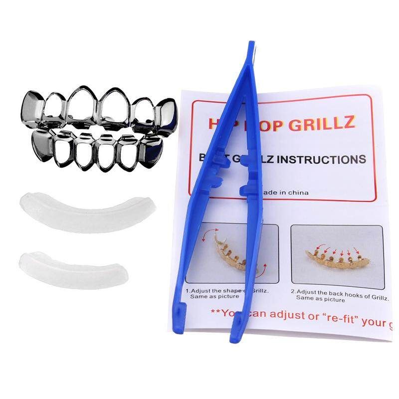 Gold Silver Plated Custom Fit Hip Hop Teeth Grills Top Bottom Grills Teeth Mouth Black (black)
