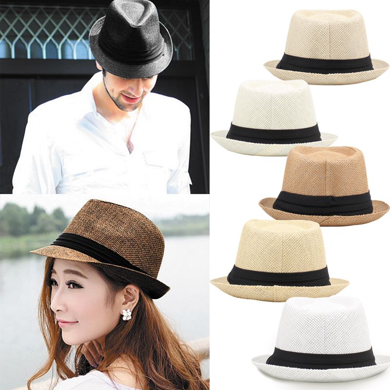 Men Women Straw Hat Contrast Ribbon Fedora Curly
