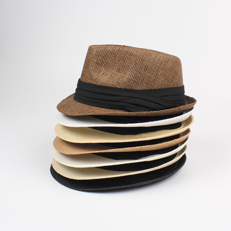 Men Women Straw Hat Contrast Ribbon Fedora Curly