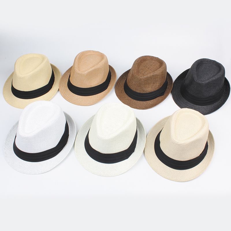 Men Women Straw Hat Contrast Ribbon Fedora Curly