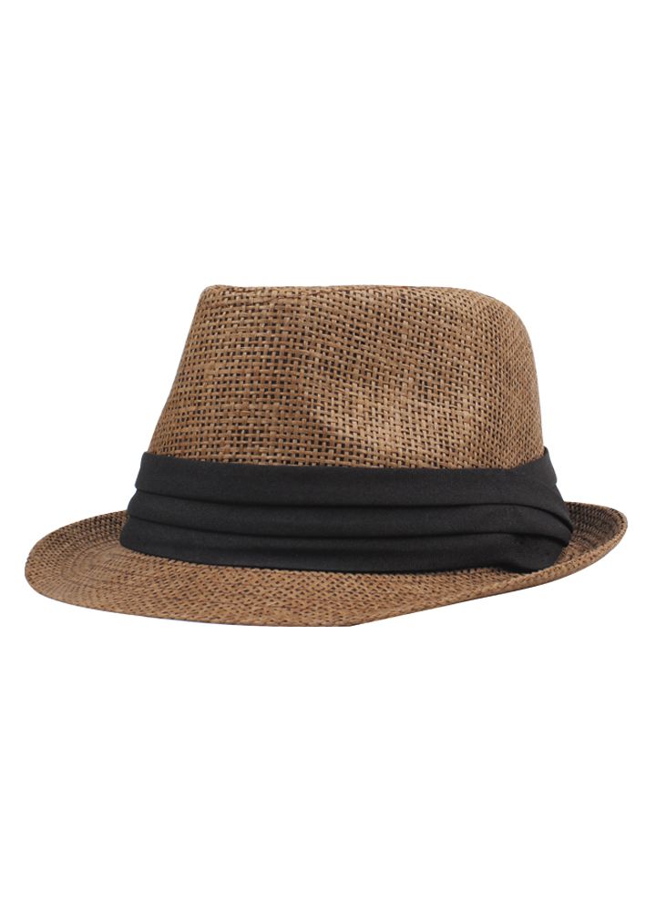 Men Women Straw Hat Contrast Ribbon Fedora Curly