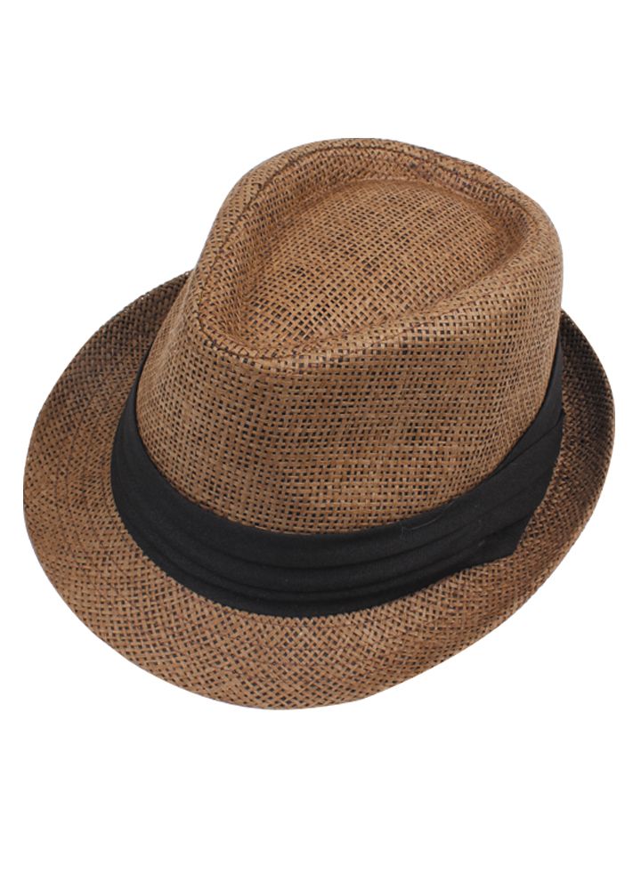 Men Women Straw Hat Contrast Ribbon Fedora Curly