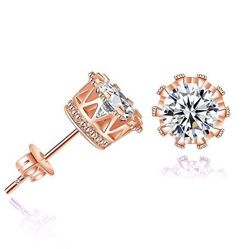 1 Pair Fashion Women Men 18k Gold Plated Crown Earrings Sterling Silver Crystal Double Stud Earing