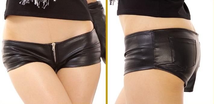 1PCS Sexy Zipper Open Faux Leather Hot Shorts PU Low Rise
