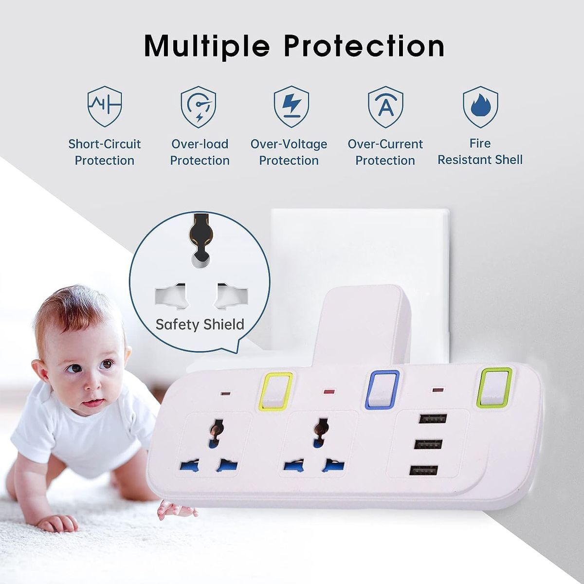 2 Ways Electrical SOCKET Extention Box With 3 USB Port
