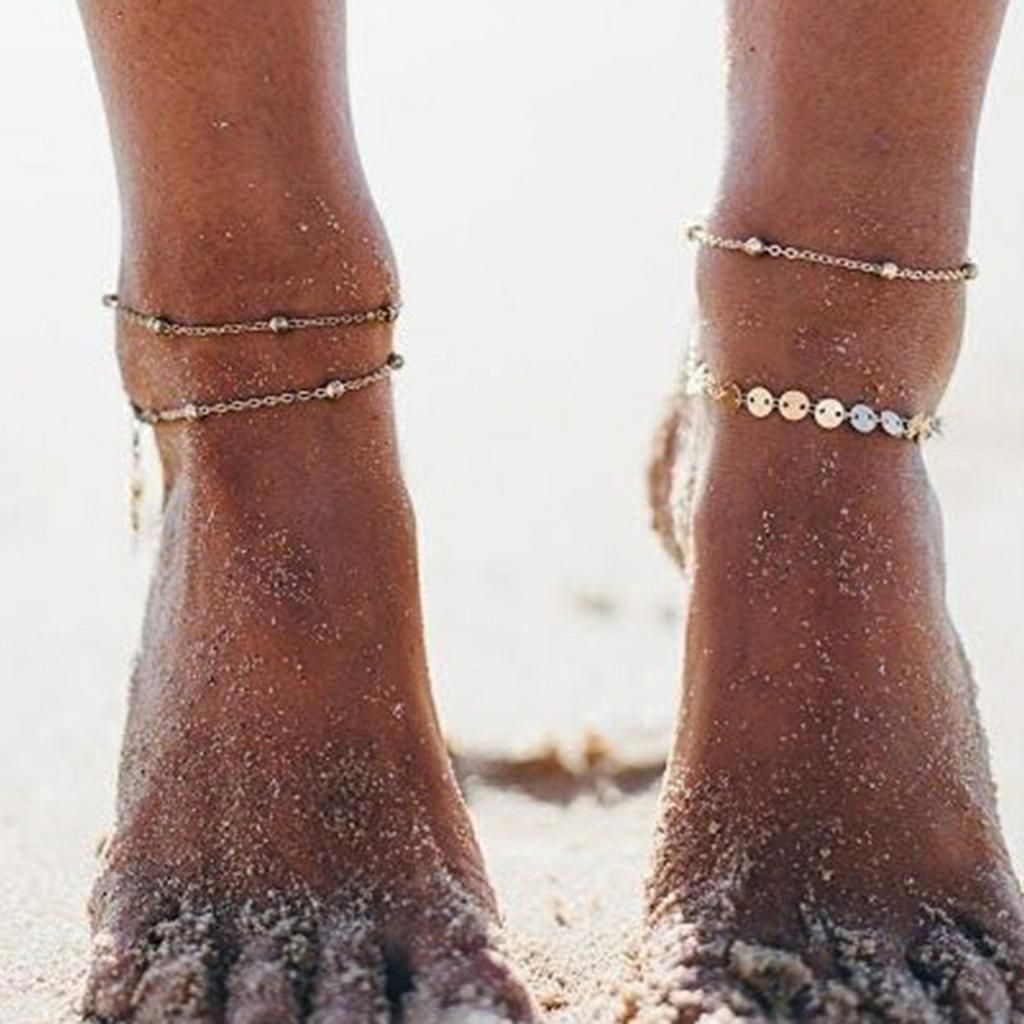 2pcs Adjustable Anklet Chain Coin Sequin Beads Ankle Bracelets Gold