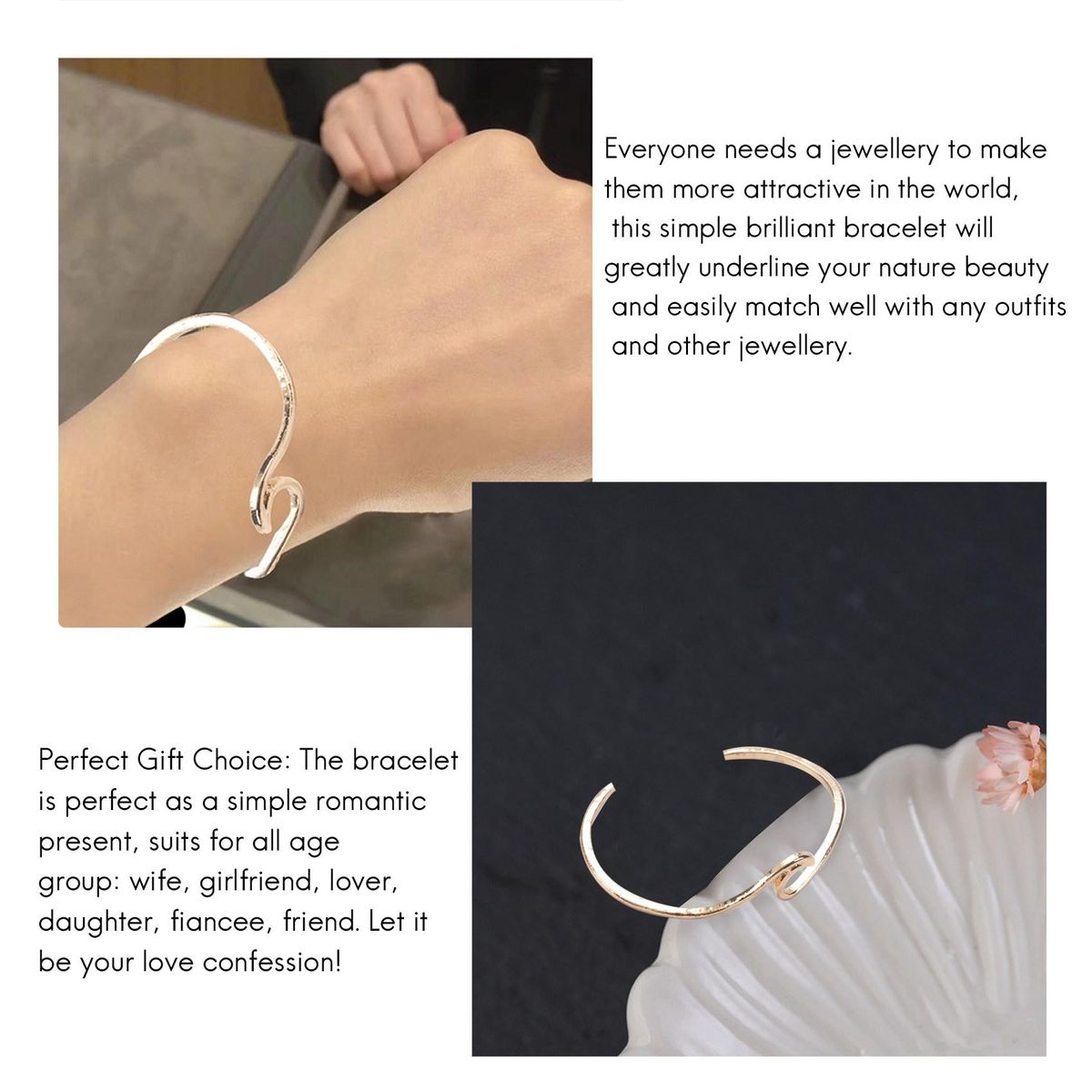 Simple Adjustable Gold Open Bangle Wave Bracelet Jewellery