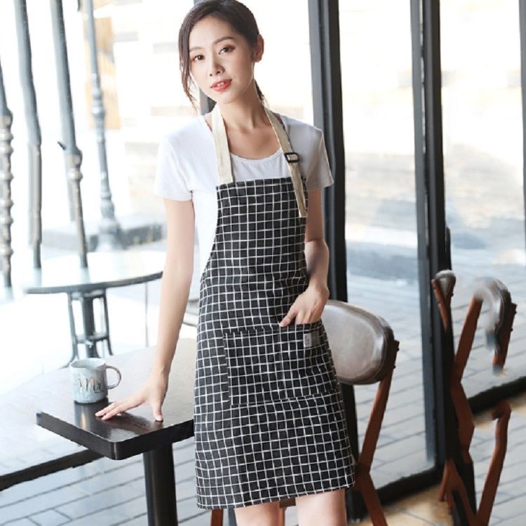 Kitchen Antifouling Simple Cotton Linen Checkered Apron