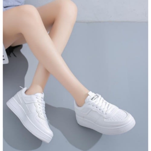 Thick-soled Leather Casual Female Sneakers - White