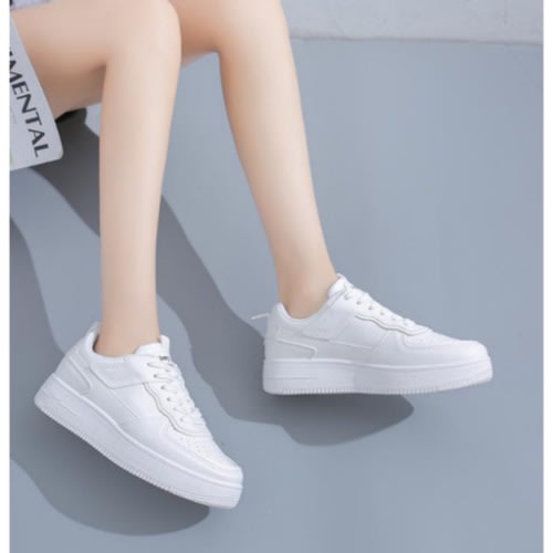 Thick-soled Leather Casual Female Sneakers - White