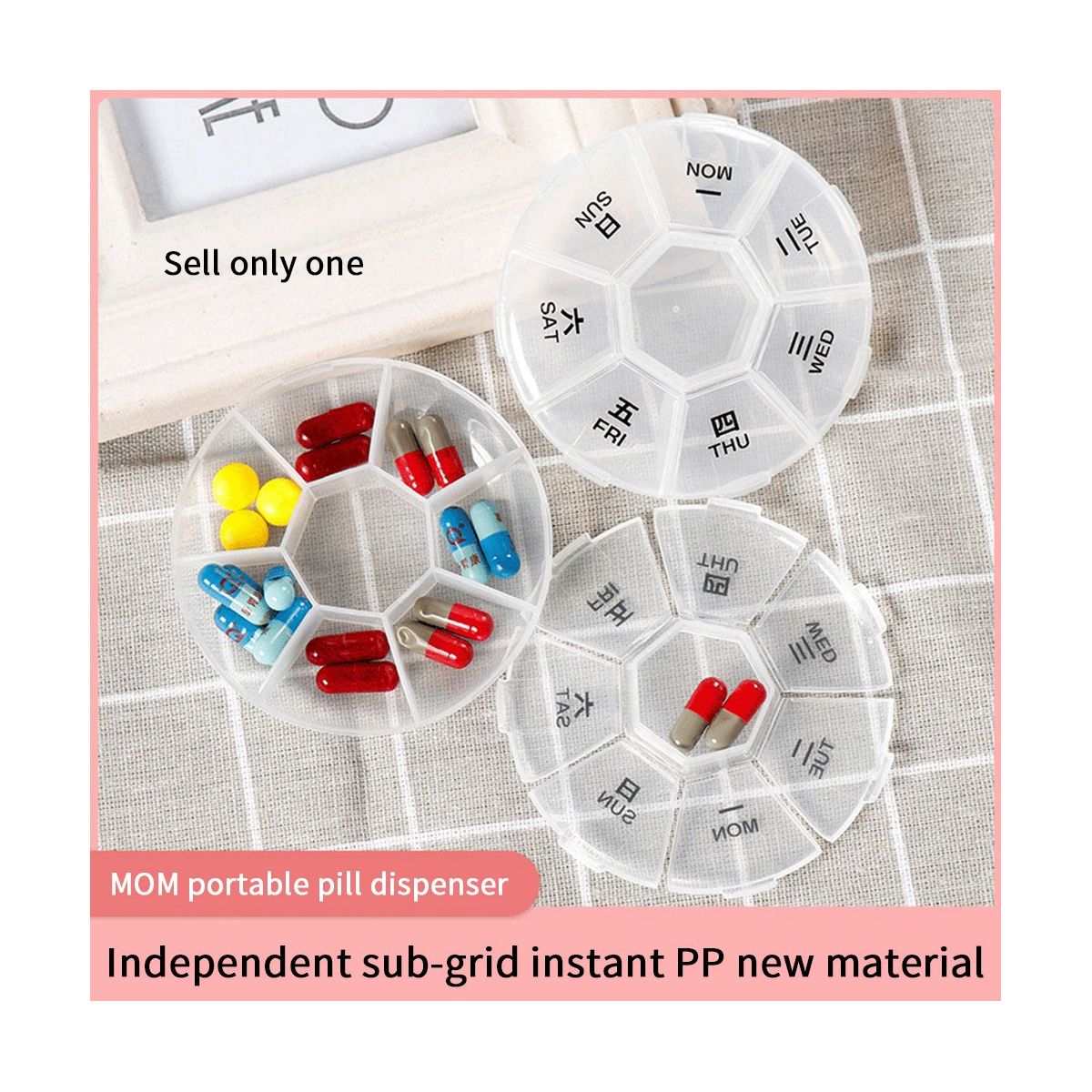 Round Portable Pill Box Medicine Planner Small Case Weekly Pill Organizer 7-Sided Pill Reminder Round Shaped