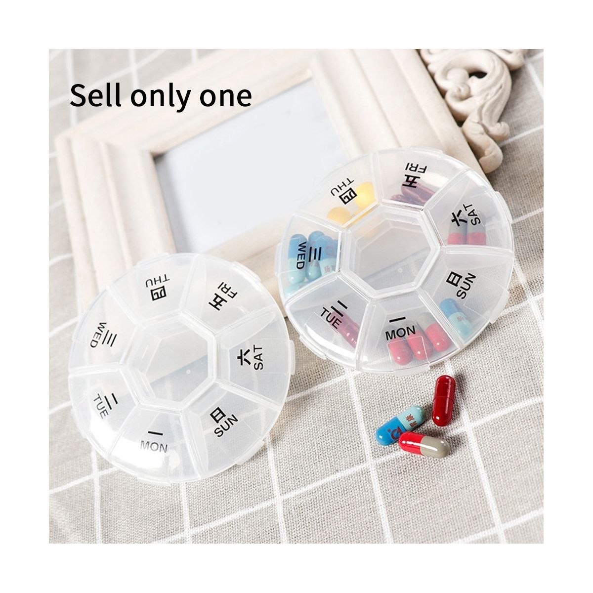 Round Portable Pill Box Medicine Planner Small Case Weekly Pill Organizer 7-Sided Pill Reminder Round Shaped