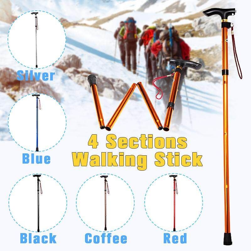 Folding Foldable Walking Trekking Hiking Stick Cane Crutch Alpenstock Adjustable Gold