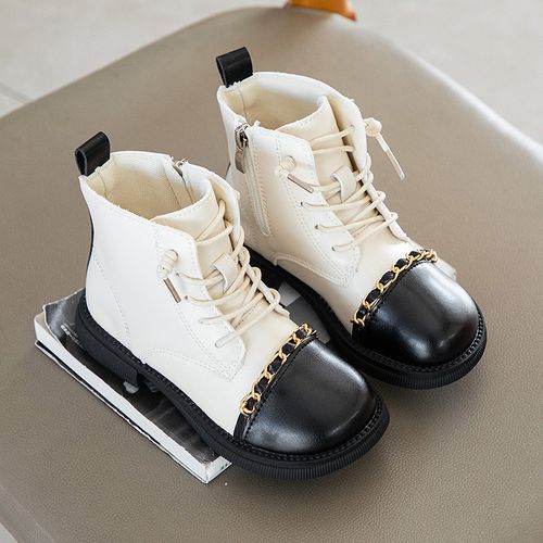 Girl Boots Fashion Children's Leather Boots-Black And White