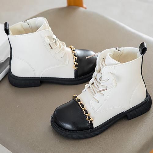 Girl Boots Fashion Children's Leather Boots-Black And White