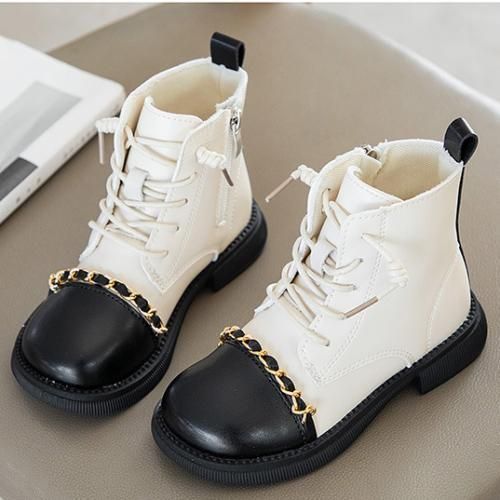 Girl Boots Fashion Children's Leather Boots-Black And White