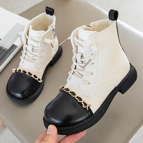 Girl Boots Fashion Children's Leather Boots-Black And White