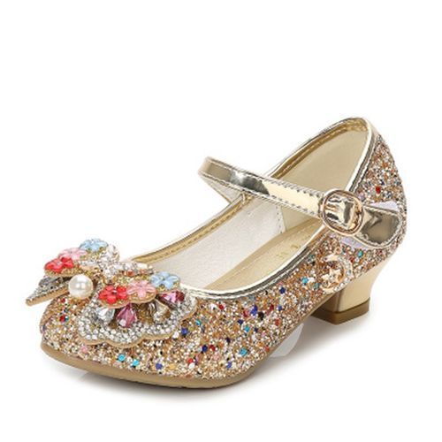 Girls High Heels Sequined Children's Leather Shoes