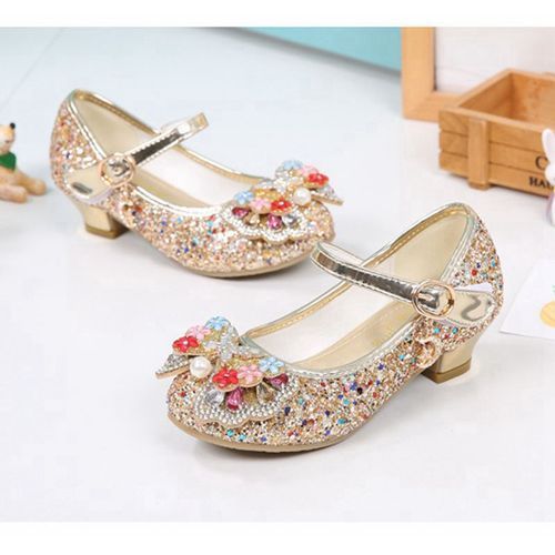 Girls High Heels Sequined Children's Leather Shoes