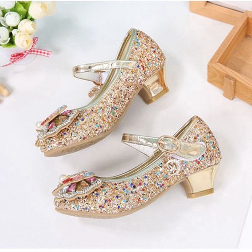 Girls High Heels Sequined Children's Leather Shoes