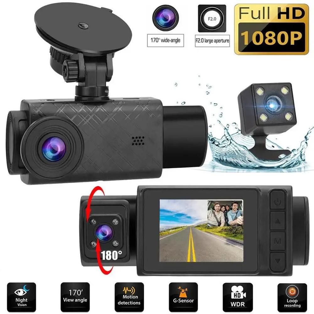 3 Cameras Dash Cam 2in Clear Car Rearview Mirror Car Video Recording Camcorder Multi-Language Car Camera Recorder Auto Safety Driving Recorder