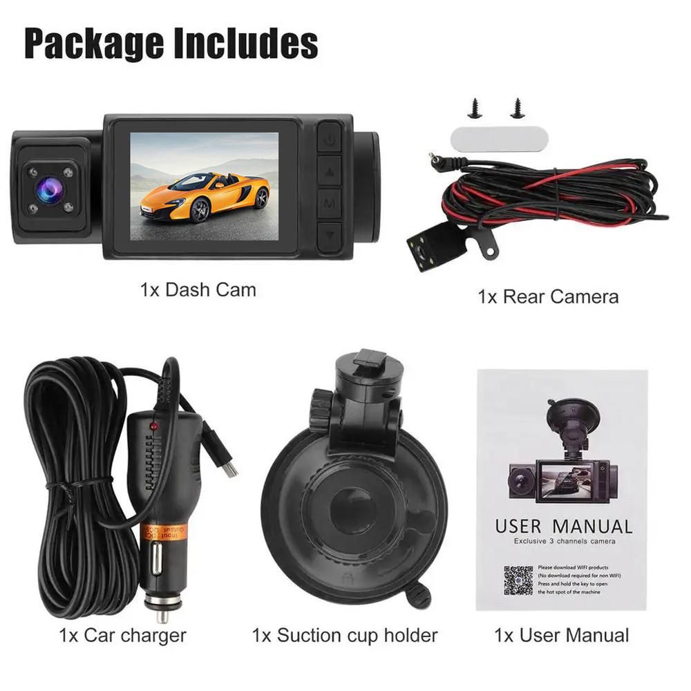 3 Cameras Dash Cam 2in Clear Car Rearview Mirror Car Video Recording Camcorder Multi-Language Car Camera Recorder Auto Safety Driving Recorder