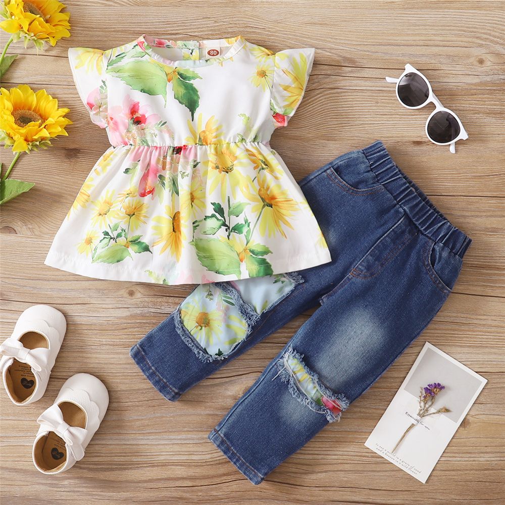 0-5 Years Kid Girl 2PCS Suit Set/Fly Sleeve Floral Sleeveless Tops+Ripped Jeans