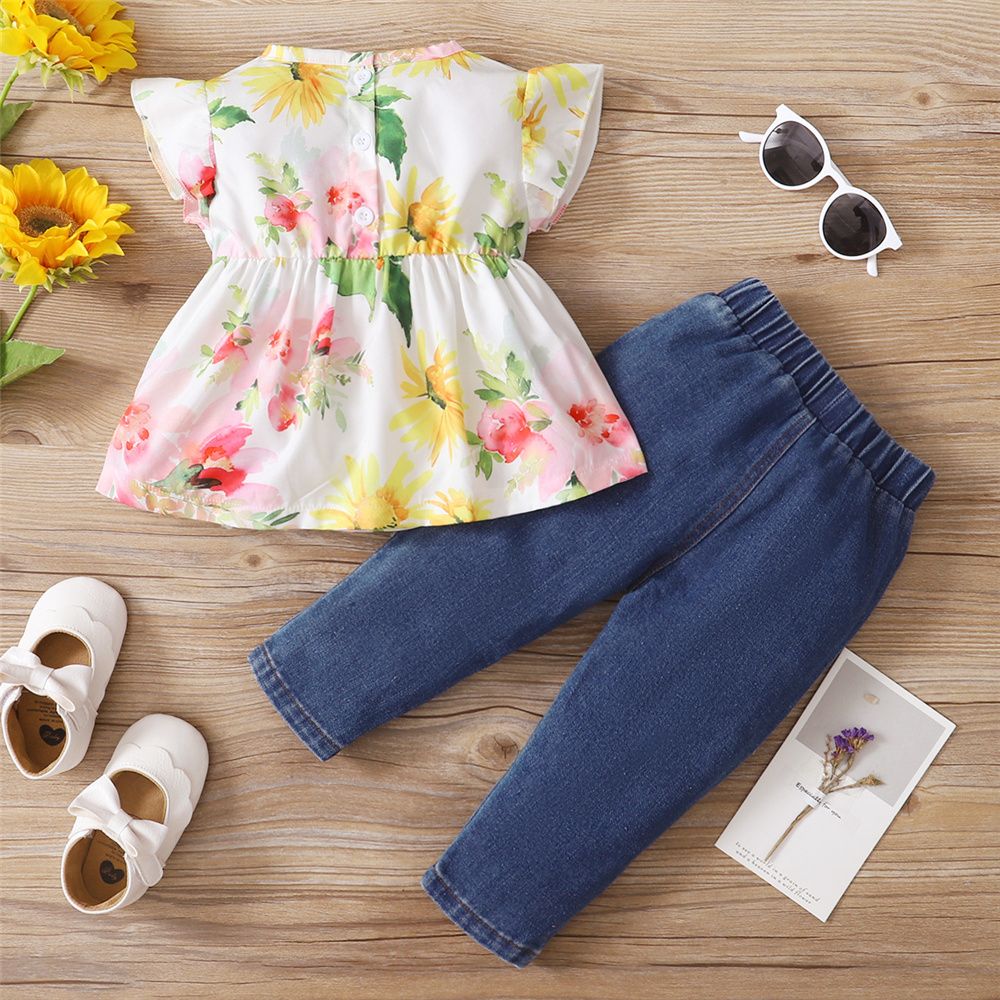 0-5 Years Kid Girl 2PCS Suit Set/Fly Sleeve Floral Sleeveless Tops+Ripped Jeans